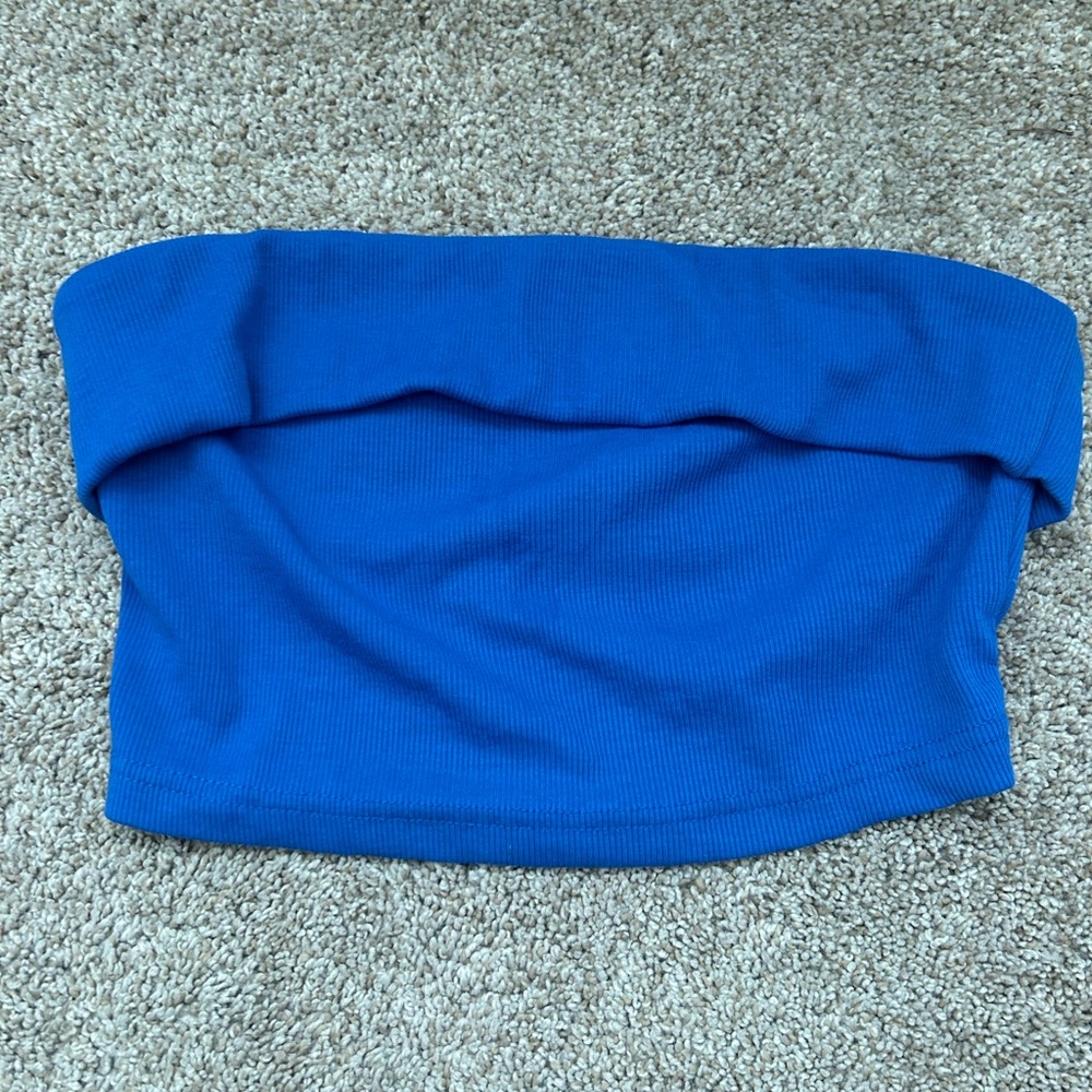 Blue strapless top size small with elastic outside for no slippage